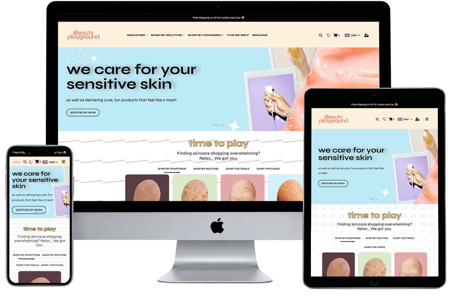 Beauty Playground UK website shown on desktop, tablet and mobile
