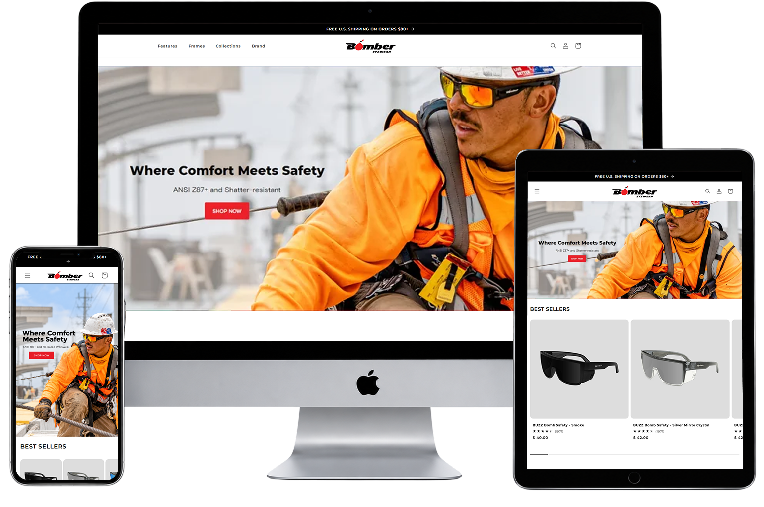 Bomber Eyewear website shown on desktop, tablet and mobile