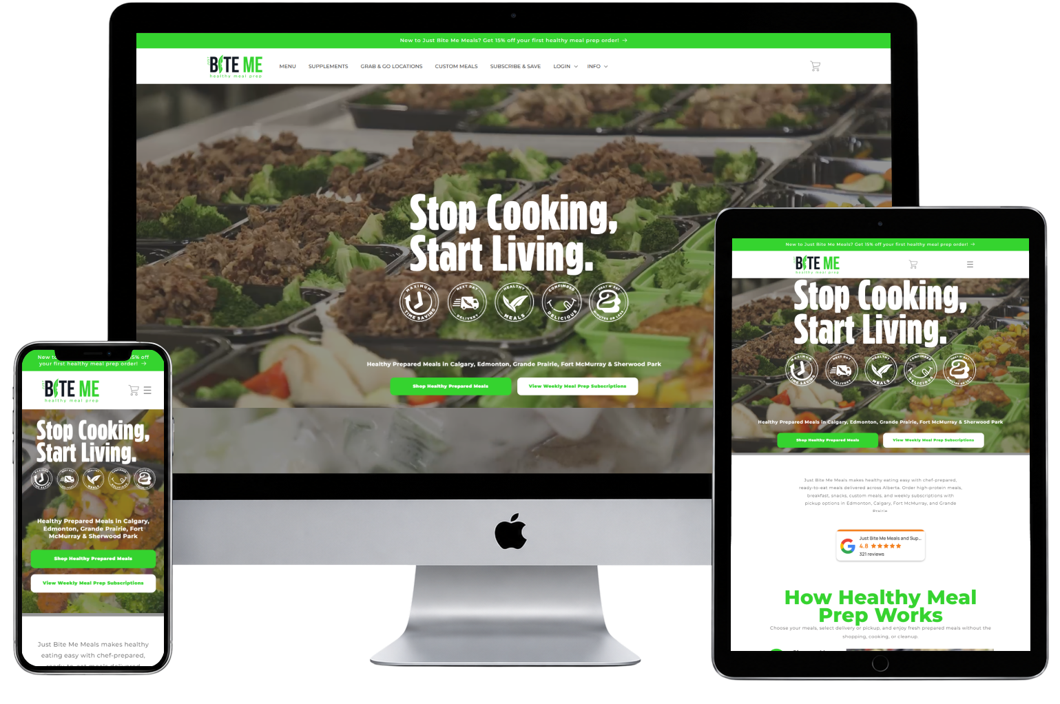 Just Bite Me Meals website shown on desktop, tablet and mobile