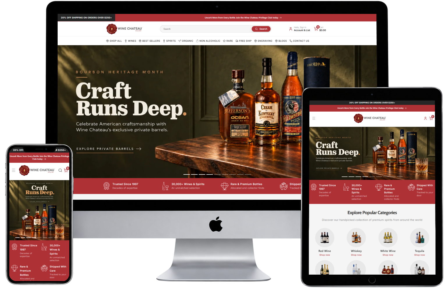 Wine Château website shown on desktop, tablet and mobile